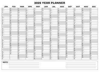 Planner for the year 2025, complete organizer with spaces for filling in and notes, gray markings for weekends. Great for A1 and A0 sizes