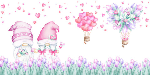 Couple of gnomes in middle of tulips. Balloons and flying hearts in pastel pink color watercolor isolated seamless border. Hand draw festive banner for romantic Valentines Day packing tape and design.