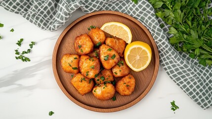 Shrimp paired with lemon slices and fresh herbs rest on a wooden plate covered by burlap, showcasing a rustic dining atmosphere.