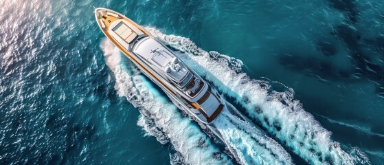 Fototapeta premium A white boat with an orange stripe speeds through the deep blue sea, leaving a distinctive white wake in its path as seen from above.