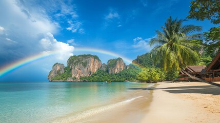 Fototapeta premium Vibrant Rainbow Over Serene Thai Island Paradise Post Rain Shower