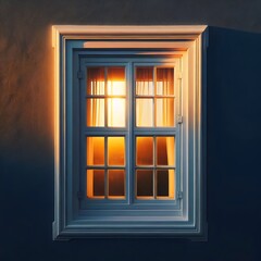 Obraz premium Photograph of a white window with curtains, showing a sunset through the panes.