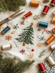 Festive Embroidery with Threads and Pine Details
