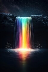 Illustration of a rainbow waterfall surrounded by glowing rocks
