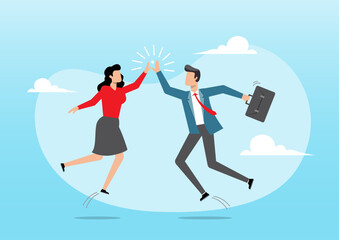 Happy businessman and woman teamwork coworkers jumping