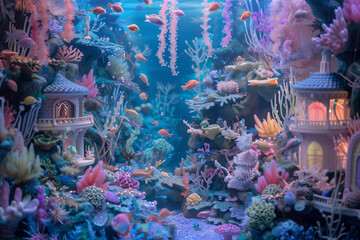 An underwater world with playful fish, mermaids, and treasure chests hidden in coral reefs.