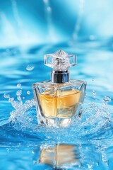 Unique perfume bottle with splash on blue background