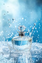 Elegant glass perfume bottle splashes in water artfully