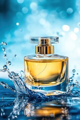 Golden perfume bottle with striking splash visual art