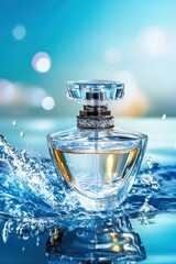 Luxurious fragrance bottle elegantly splashing water
