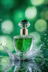 Curved perfume bottle amidst splashing water