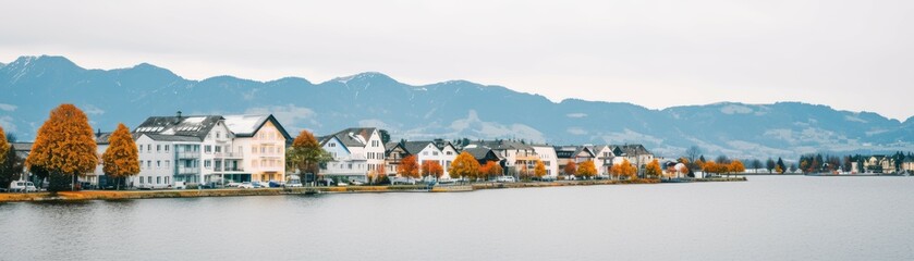 Fototapeta premium Wide banner. Serene lakeside view with autumn foliage and distant mountains.