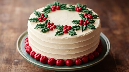 A beautifully decorated holiday cake with green and red frosting, featuring a wreath design on top and a festive presentation on a wooden table.