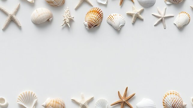 Small seashells and starfish arranged in a flat lay composition evoke a summer beach theme against a white background SEAMLESS PATTERN