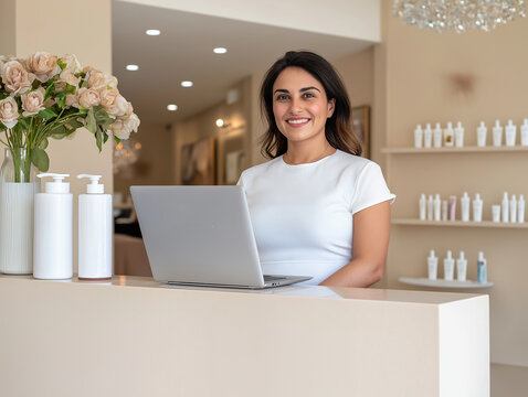 Beauty salon receptionist smiling modern spa professional environment close-up