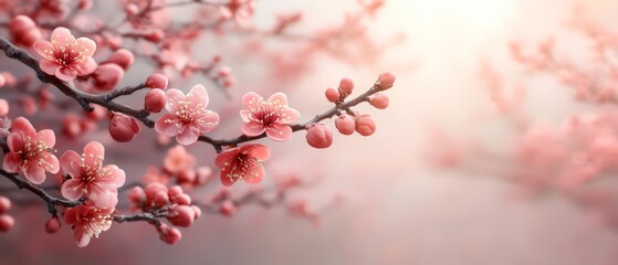 Obraz premium Elegant banner with plum blossoms on a pale lavender solid background. Horizontal wide web Chinese New Year backdrop with copy space, social media template, traditional festive elements