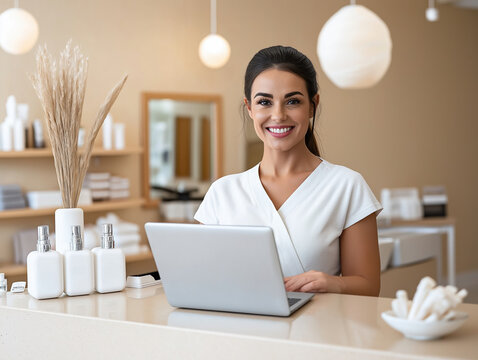 Professional receptionist supporting clients in a stylish spa atmosphere