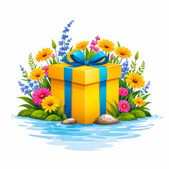 illustration of Gift Box near river surrounded by colorful flowers on white background.