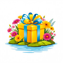 illustration of Gift Box near river surrounded by colorful flowers on white background.