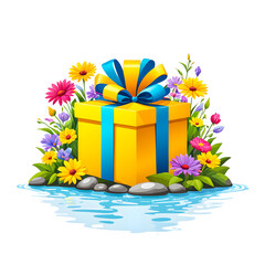 illustration of Gift Box near river surrounded by colorful flowers on white background.