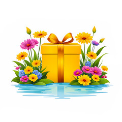 illustration of Gift Box near river surrounded by colorful flowers on white background.