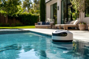Robotic pool cleaner in luxury backyard with sunny ambiance