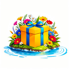 illustration of Gift Box near river surrounded by colorful flowers on white background.