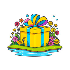illustration of Gift Box near river surrounded by colorful flowers on white background.