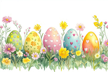 Watercolor painting of cute Easter eggs surrounded by flowers on a white background. for the background. for banners. Easter.