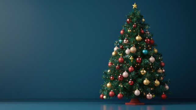 A beautifully decorated Christmas tree with colorful ornaments stands against a solid blue wall, evoking festive cheer and holiday spirit.