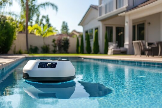 Automatic pool cleaner in action at modern house backyard