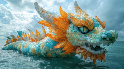 A vibrant dragon sculpture made of colorful materials emerges from the water.