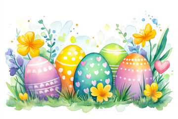 Watercolor painting of cute Easter eggs surrounded by flowers on a white background. for the background. for banners. Easter.