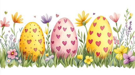 Watercolor painting of cute Easter eggs surrounded by flowers on a white background. for the background. for banners. Easter.