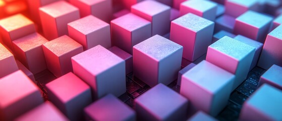 Geometric abstract composition featuring white and purple cubes on vibrant gradient background