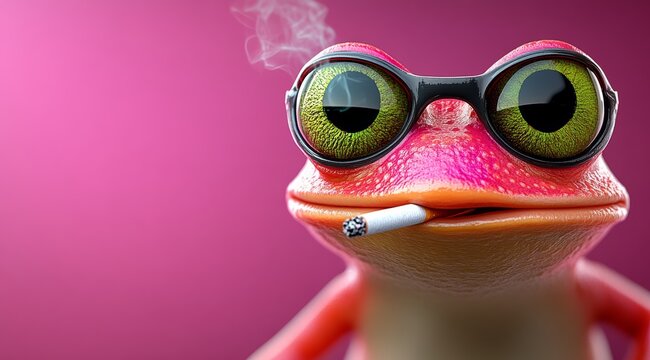 Frog wearing glasses and a cigarette in its mouth. The frog is smoking a cigarette and he is enjoying the moment