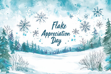 Watercolor winter landscape with snowflakes, pine trees, and a snowy field, celebrating Flake Appreciation Day in a serene and festive setting.