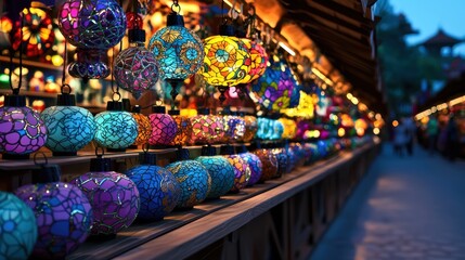 Colorful lanterns illuminate a market scene, creating a vibrant and enchanting atmosphere during twilight.