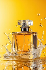 Rich amber perfume bottle in water splash art