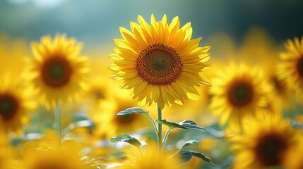 Bright Sunflower Blooms in Vibrant Field Under Soft Lighting