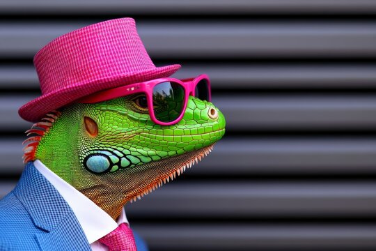 Lizard wearing a pink hat and sunglasses. The lizard is wearing a suit and tie
