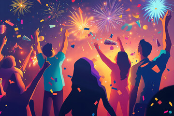 Festive party scene with fireworks, confetti, and people celebrating the start of a new year