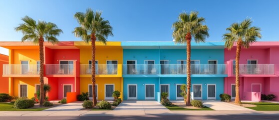 Fototapeta premium Hotel saguaro, palm trees and colorful architecture