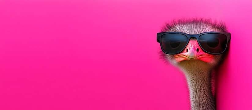 Cartoon ostrich wearing sunglasses and standing in front of a pink background. The ostrich is looking at the camera with a goofy expression - Powered by Adobe