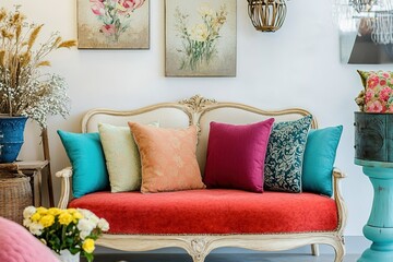 Cozy vintage sofa with colorful pillows and floral art