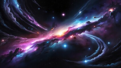 Fototapeta premium Vibrant digital cosmic artwork featuring a swirling galaxy with a bright central light, surrounded by colorful nebulae in purple, blue, and pink, and scattered stars.