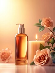 Elegant bottle with roses and candle in soft light