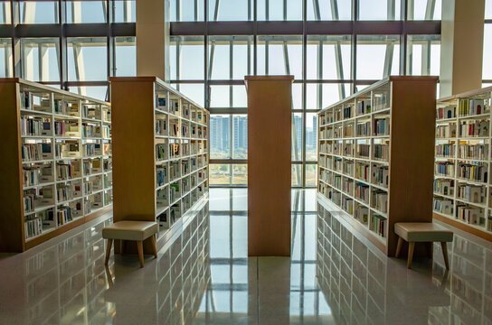 Interior of a modern library featuring symmetrical wooden bookshelves filled with books, and natural light streaming through large floor-to-ceiling windows.A minimalistic and organized study space.