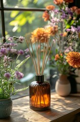 Amber Reed Diffuser with Floral Background
