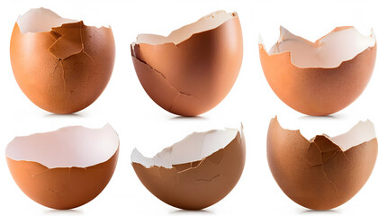 Collection of cracked egg shells isolated on white background